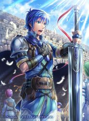  4boys animal aqua_eyes armor belt_pouch bird blue_eyes blue_sky cloud cloudy_sky commentary_request company_connection copyright_name day faceless faceless_male feathers fire_emblem fire_emblem:_mystery_of_the_emblem fire_emblem_cipher gloves hand_on_own_chest holding horse kazura_enji kris_(fire_emblem) kris_(male)_(fire_emblem) multiple_boys official_art open_mouth outdoors pants pouch short_sleeves sky sunlight sword weapon 