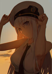  armpits azur_lane backlighting bare_shoulders belt black_necktie breasts closed_mouth cloud collared_shirt commentary_request enterprise_(azur_lane) female from_side hand_on_headwear hat head_tilt highres large_breasts long_hair looking_at_viewer military_hat necktie ocarino orange_sky peaked_cap purple_eyes shirt sideboob sidelocks sky sleeveless sleeveless_shirt solo sunset upper_body very_long_hair white_hair white_shirt wing_collar 