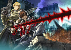  2boys accessory_(freedom_wars) blonde_hair brown_hair collar collared_shirt commentary_request freedom_wars green_eyes gun headphones multiple_boys ootsuno_kei open_mouth photoshop_(medium) red_eyes shirt short_sword sword thorns togabito weapon 