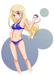  ace_trainer_(pokemon) ayaka_(pokemon) bikini blonde_hair blue_bikini blush breasts cameltoe creatures_(company) female game_freak hair_ornament hairclip hand_on_hip holding holding_poke_ball long_hair looking_at_viewer nintendo npc_trainer poke_ball pokemon pokemon_(game) pokemon_xy purple_eyes smile solo swimsuit 