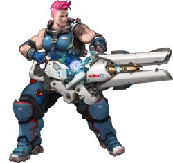  absurdres alpha_transparency arnold_tsang breasts female fingerless_gloves full_body gloves highres large_breasts muscular muscular_female official_art overwatch overwatch_1 pink_hair russian_text scar short_hair solo standing tattoo translated transparent_background undercut weapon zarya_(overwatch) 