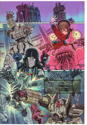  4girls arm_up autumn_blaze badbh_(autumn_blaze) battle between_legs black_hair blazer_(autumn_blaze) blue_hair blunt_bangs bob_cut boots brown_hair clenched_teeth closed_eyes cockpit constricted_pupils detached_sleeves facing_viewer fingernails glowing hair_over_one_eye hair_ribbon halterneck harness headset jumping knee_boots legs_apart light_particles lineup lipstick long_fingernails long_hair long_sleeves looking_at_viewer macha_(autumn_blaze) makeup mecha military military_uniform multiple_girls nemain_(autumn_blaze) one_eye_covered one_side_up open_mouth outstretched_arm outstretched_arms parted_lips pink_lips profile punching purple_ribbon red_hair ribbon robot scar scar_on_face scarf short_hair sidelocks sitting sleeve_cuffs spiked_hair spread_arms spread_legs standing stomach_punch straight_hair surprised sweatdrop symmetry teeth topknot translation_request turtleneck uniform v-shaped_eyebrows wide-eyed wince yamashita_shun&#039;ya yellow_eyes yuyumi_(autumn_blaze) 