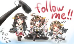  3girls ahoge bare_shoulders boots brown_hair commentary_request cup detached_sleeves drooling hair_ornament hairband haruna_(kancolle) headgear hiei_(kancolle) japanese_clothes kantai_collection kongou_(kancolle) long_hair multiple_girls nontraditional_miko pouring rinrin_(927413) short_hair skirt teacup thigh_boots thighhighs translated 