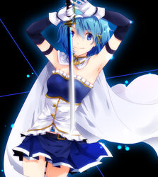  armband armpits arms_up bad_id bad_pixiv_id belt blue_eyes blue_hair cape female fortissimo gloves hair_ornament hairclip magical_girl mahou_shoujo_madoka_magica mahou_shoujo_madoka_magica_(anime) mahou_shoujo_madoka_magica_movie_1_&amp;_2 miki_sayaka miki_sayaka_(magical_girl) musical_note musical_note_hair_ornament sagari24 smile solo soul_gem strapless sword weapon 