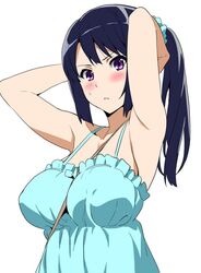  adjusting_hair armpits arms_up bare_arms bare_shoulders between_breasts black_hair blue_dress blush breasts collarbone commentary_request dress female hair_ornament hair_scrunchie hibike!_euphonium jpeg_artifacts kousaka_reina large_breasts long_hair looking_at_viewer parted_lips ponytail purple_eyes scrunchie simple_background solo sundress sweatdrop takeda_hiromitsu tying_hair upper_body 