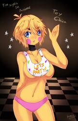  animatronic bib blue_eyes blush breasts female female_only five_nights_at_freddy&#039;s five_nights_at_freddy&#039;s_2 five_nights_in_anime large_breasts looking_at_viewer navel panties pink_panties plaidaowandpencil short_hair solo standing toy_chica_(fnaf) 