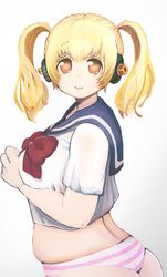  bad_id bad_pixiv_id blonde_hair blush breasts female headphones huge_breasts looking_at_viewer nitroplus no_pants onikuman open_mouth orange_eyes panties sailor_collar school_uniform serafuku short_hair solo striped_clothes striped_panties super_pochaco twintails underwear 