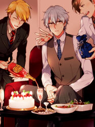  3boys blonde_hair brown_hair cake closed_eyes commentary_request facial_hair food gift glass glasses goatee grey_hair hazama_michio idolmaster idolmaster_side-m maita_rui male_focus multiple_boys necktie photoshop_(medium) s.e.m_(idolmaster) smile striped striped_necktie sweatdrop uririri69 vest yamashita_jiro 