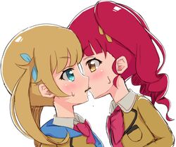  2girls akagi_anna bad_id bad_pixiv_id blazer blue_eyes blue_ribbon blush bow bowtie brown_eyes brown_jacket brown_ribbon closed_mouth collared_shirt commentary_request eye_contact food hair_ribbon jacket kirarigaoka_middle_school_uniform kiratto_pri_chan light_brown_hair long_hair looking_at_another moegi_emo multiple_girls pink_bow pink_bowtie pocky pocky_kiss pretty_series profile purple_hair ribbon school_uniform shared_food shirt simple_background sutei_(xfzdarkt) sweat twintails white_background white_shirt yuri 