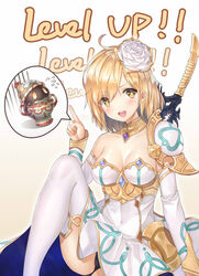  +_+ :d armor blonde_hair blush breasts brown_eyes cleavage commentary_request djeeta_(granblue_fantasy) dress earrings english_text female flower flying_sweatdrops gloom_(expression) glorybringer_(granblue_fantasy) granblue_fantasy hair_between_eyes hair_flower hair_ornament head_tilt highres index_finger_raised jewelry looking_at_viewer medium_breasts monster open_mouth pauldrons sakurai_momoka_no_musuko shoulder_armor sitting smile speech_bubble sword thighhighs weapon white_background white_dress white_legwear 