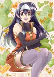  :d black_gloves blue_hair cyaca_ab dress elbow_gloves female fingerless_gloves fire_emblem fire_emblem:_akatsuki_no_megami floating_hair gloves green_eyes grey_legwear hair_between_eyes headband heart_balloon long_hair looking_at_viewer nintendo open_mouth orange_dress shiny shiny_skin short_dress sitting sleeveless sleeveless_dress smile solo thighhighs very_long_hair wayu_(fire_emblem) white_headband 