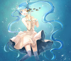  bad_id bad_pixiv_id blue_eyes blue_hair bracelet dress female fish hatsune_miku jewelry kazi long_hair one_eye_closed open_mouth solo thighhighs twintails underwater very_long_hair vocaloid 