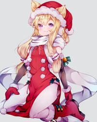  azur_lane bad_id bad_pixiv_id blonde_hair blush boots commentary detached_sleeves dress elbow_gloves female gloves grey_background hair_ears hair_tubes hand_on_own_thigh hat highres kneeling long_hair looking_at_viewer mittens panties pelvic_curtain purple_eyes red_dress red_panties santa_boots santa_costume santa_hat scarf side-tie_panties sidelocks simple_background smile smirk solo underwear warspite_(azur_lane) warspite_(christmas_warrior)_(azur_lane) yaekn 