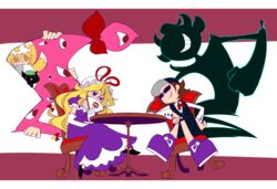  2boys 2girls animal_ears blonde_hair bow bowtie brown_hair chair chen chen_(cat) commentary_request crossover dress elbow_gloves feline fox_ears fox_tail full_body gap_(touhou) gloves hair_ornament hairbow hand_fan hands hat hat_ribbon hatena_(pop&#039;n_music) hokuto_(scichil) long_hair long_sleeves looking_at_another mob_cap multiple_boys multiple_girls multiple_tails mzd pants parody pop&#039;n_music puffy_sleeves purple_dress purple_eyes ribbon shirt shishamo_(pop&#039;n_music) shoes short_hair short_sleeves simple_background sitting smirk sneakers style_parody sunglasses table tail touhou vest white_gloves yakumo_ran yakumo_yukari 