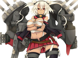  ass_visible_through_thighs bad_id bad_pixiv_id black_gloves blonde_hair breast_hold breasts budget_sarashi chest_sarashi collar crossed_arms dark-skinned_female dark_skin female glasses gloves headgear hukasikasi kantai_collection large_breasts long_hair miniskirt musashi_(kancolle) navel no_shirt pleated_skirt pointy_hair red_eyes rigging sakuramon sarashi simple_background skirt solo thighhighs turret two_side_up white_background zettai_ryouiki 