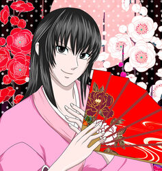  black_hair brown_eyes commentary_request female floral_background folding_fan haigo7 hand_fan japanese_clothes kimono long_hair smirk solo umenomori_chise virtua_fighter 