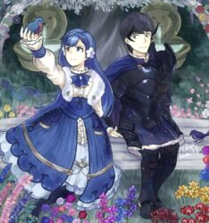  1boy amaryllis_(flower) anemone_(flower) animal arm_support arm_up armor armored_boots artist_name bellflower berkut_(fire_emblem) bird bird_on_hand black_eyes black_hair black_legwear blue_dress blue_eyes blue_flower blue_hair boots braid breastplate cape daffodil dress english_commentary faulds female fire_emblem fire_emblem_echoes:_shadows_of_valentia flower gladiolus grass greaves hair_flower hair_ornament hydrangea larkspur_(flower) light_smile lion_head_(ornament) long_dress long_hair long_sleeves looking_at_another looking_away looking_to_the_side looking_up morning_glory orchid outdoors pantyhose pauldrons pink_flower plate_armor purple_flower red_flower reidiantdawn rinea_(fire_emblem) sabaton shoulder_armor single_pauldron sitting smile spider_lily tulip white_flower yellow_flower yellow_tulip 