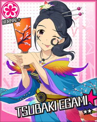  :p black_hair card_(medium) character_name crop_top egami_tsubaki female flower_(symbol) hagoita hair_ornament hair_stick idolmaster idolmaster_cinderella_girls japanese_clothes jewelry midriff necklace official_art paddle purple_eyes solo tongue tongue_out 