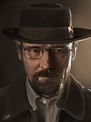  1boy bald beard breaking_bad commentary_request facial_hair glasses hat just1ce looking_at_viewer male_focus manly porkpie_hat portrait realistic serious solo walter_white 