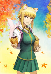  :3 animal_ears autumn_leaves backpack bad_id bad_pixiv_id bag bell blonde_hair blunt_bangs breasts cat_ears collar commentary_request cowboy_shot female food foreshortening green_skirt green_vest kuraishi_tanpopo large_breasts leaf looking_at_viewer maple_leaf neck_bell pleated_skirt school_uniform short_hair short_sleeves skirt solo sunao_(70_the) taiyaki v-shaped_eyebrows vest wagashi witch_craft_works yellow_eyes 