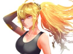  ahoge amputee black_shirt blonde_hair blue_eyes breasts cleavage collar commentary_request female floating_hair grin hair_between_eyes hand_in_own_hair hayadai highres large_breasts long_hair looking_at_viewer ponytail prosthesis prosthetic_arm rwby shirt simple_background sleeveless sleeveless_shirt smile solo upper_body white_background yang_xiao_long 