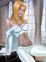  bare_shoulders belly blonde_hair blue_eyes breasts cape cleavage elbow_gloves emma_frost female gloves large_breasts long_hair marvel marvel_comics navel solo sunsetriders7 white_queen wolverine_and_the_x-men x-men 