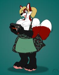  anthro canid canine carifoxleopard claire_ann_fuchs clothed clothing dirndl dress eyewear female fox glasses mammal open_mouth slightly_chubby smile solo standing uniform 