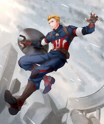  1boy akatsuki_sora animification avengers:_age_of_ultron avengers_(series) blonde_hair boots captain_america commentary_request male_focus marvel marvel_cinematic_universe shield solo steve_rogers superhero_costume 