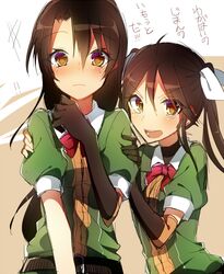  2girls bad_id bad_pixiv_id black_gloves blush brown_hair chikuma_(kancolle) elbow_gloves gloves hair_ribbon kantai_collection long_hair looking_at_viewer multiple_girls puffy_sleeves ribbon single_glove smile tone_(kancolle) translation_request twintails white_ribbon yarawi yellow_eyes 