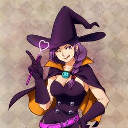  armpits belt black_dress black_gloves breasts brown_eyes brown_hair buttons capcom cape cleavage cloak collarbone dress female gloves gyakuten_saiban gyakuten_saiban_5 hat hips large_breasts lips lisptick long_hair ponta_(gyakuten_saiban) purple_eyes purple_hair smile solo wand wide_hips witch witch_hat yuugami_kaguya 