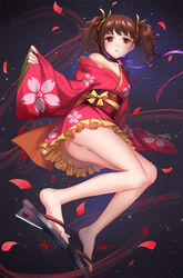  althea_(sakiya0000) blush brown_hair commentary feet female floral_print hair_ribbon highres japanese_clothes kimono koutetsujou_no_kabaneri long_hair long_legs looking_at_viewer mumei_(kabaneri) obi off_shoulder panties pantyshot parted_lips petals photoshop_(medium) red_eyes revision ribbon sandals sash short_kimono sky solo star_(sky) starry_sky twintails underwear white_panties wide_sleeves 