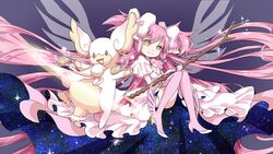  audino bad_id bad_pixiv_id bow bow_(weapon) choker crossover dress female hairbow kaname_madoka mahou_shoujo_madoka_magica mahou_shoujo_madoka_magica_(anime) maruneko mega_audino mega_pokemon open_mouth pink_hair pokemon pokemon_(creature) smile sparkle ultimate_madoka weapon wings yellow_eyes 