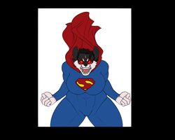  5:4 amelia_s_cooper angry anthro big_breasts blue_outfit breasts canid canine canis cape clara_kent clothing domestic_dog female haircurl hi_res husky insignia kryptonian mammal mr.pink nordic_sled_dog open_mouth red_cape red_clothing red_eyes siberian_husky simple_background solo spitz superhero superhusky superman teeth white_background 