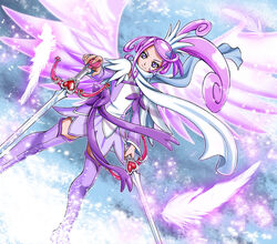  asymmetrical_clothes bad_id bad_pixiv_id boots brooch cure_sword dokidoki!_precure dual_wielding dutch_angle earrings el_blanco feathers female hair_ornament hairclip half_updo heart heart_brooch high_ponytail holding jewelry kenzaki_makoto looking_at_viewer photoshop_(medium) ponytail precure purple_arm_warmers purple_eyes purple_footwear purple_hair purple_skirt purple_theme purple_thighhighs ribbon scarf short_hair skirt smile snow solo sword thigh_boots thighhighs weapon wings 