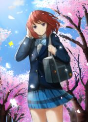  aqua_(popogori) blazer blush cherry_blossoms commentary_request female jacket looking_at_viewer love_live! love_live!_school_idol_project nishikino_maki otonokizaka_school_uniform outdoors purple_eyes red_hair school_uniform short_hair smile solo winter_uniform 