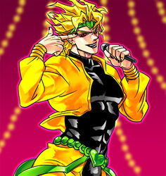  1boy bad_id bad_pixiv_id blonde_hair dio_brando headband heart jojo_no_kimyou_na_bouken male_focus microphone red_eyes solo stardust_crusaders taki_(nakochan) 