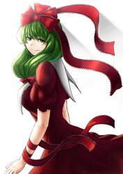  back bad_id bad_pixiv_id bow breasts doseisan_(dosei-san) dress female frills front_ponytail green_eyes green_hair hair_ornament hair_ribbon hairbow kagiyama_hina large_breasts long_hair red_dress ribbon smile solo touhou 