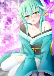  :d bad_id bad_pixiv_id bare_shoulders blush breasts cleavage collarbone commentary_request dragon_horns fate/grand_order fate_(series) female green_hair green_kimono hair_between_eyes hair_ornament head_tilt horns japanese_clothes kimono kiyohime_(fate) long_hair long_sleeves medium_breasts noname_(reticulian) obi off_shoulder open_mouth sash sidelocks sitting smile solo thighhighs very_long_hair white_thighhighs wide_sleeves yellow_eyes 