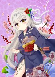  :o arrow_(projectile) asa_no_ha_(pattern) azur_lane bell black_kimono blue_flower blush brown_eyes brown_ribbon commentary_request female flower grey_hair hair_flaps hair_flower hair_ornament hair_ribbon hamaya holding holding_arrow japanese_clothes jingle_bell kanoko_(pattern) kikumon kimono leg_tattoo long_hair long_sleeves looking_at_viewer mole mole_under_eye noname_(reticulian) obi parted_lips partial_commentary pink_flower print_kimono purple_background red_flower ribbon sash solo tattoo very_long_hair white_ribbon wide_sleeves z46_(azur_lane) 