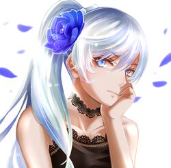  bad_id bad_pixiv_id blue_eyes blue_flower blue_rose choker collar female flower hair_between_eyes hair_flower hair_ornament hayadai head_rest highres long_hair looking_at_viewer petals rose rwby side_ponytail simple_background sleeveless solo upper_body weiss_schnee white_background white_hair 