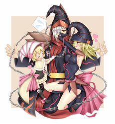  1boy 2girls blonde_hair bow capelet chains closed_eyes commentary_request covered_mouth duel_monster elbow_gloves gagaga_girl gagaga_magician gagaga_sister gloves green_eyes grey_hair hat heart highres multiple_girls one_eye_covered red_eyes ribbon skull taniwasu yu-gi-oh! yu-gi-oh!_zexal 