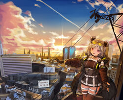  artist_name black_coat black_gloves black_thighhighs breasts building choker cityscape cloud coat commentary_request dated double_bun eyewear_on_head female girls&#039;_frontline gloves hair_bun hair_ornament highres hood hood_down hooded_coat jacket light_brown_hair looking_at_viewer open_mouth outdoors outstretched_arms p90_(girls&#039;_frontline) partially_fingerless_gloves power_lines red_eyes sechka short_hair sky smile solo sunglasses sunset thigh_strap thighhighs tinted_eyewear 