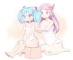  2girls barefoot bath_stool blue_eyes blue_hair blush commentary_request fantasista_doll flat_chest full_body katia_(fantasista_doll) long_hair multiple_girls naked_towel niizuka_(c-drop) purple_eyes purple_hair same-sex_bathing seiza shared_bathing shimeji_(fantasista_doll) sitting smile stool towel wariza 