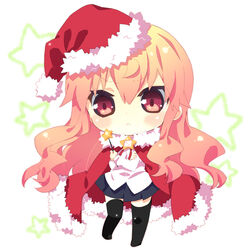  :&lt; cape chibi commentary_request female hat long_hair louise_francoise_le_blanc_de_la_valliere pink_eyes pink_hair santa_hat takamura_masaya thighhighs wand zero_no_tsukaima 