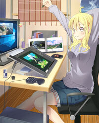  armchair at_computer bad_id bad_pixiv_id blonde_hair blue_shorts blush book chair commentary_request computer computer_keyboard computer_mouse drawing_tablet earrings fang_out feet_out_of_frame female from_side grey_eyes grey_hoodie hair_ornament hairclip highres holding hood hood_down hoodie indoors jewelry long_hair long_sleeves looking_at_viewer monitor mousepad_(object) naohiro oerba_yun_fang original poster_(object) shorts sitting smile solo stretching windows_10 windows_desktop windows_logo 