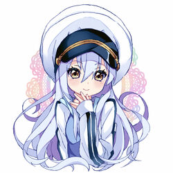  blue_hair blush brown_eyes closed_mouth commentary cropped_torso doily female hair_between_eyes hand_up hat head_tilt island_(game) jacket long_hair long_sleeves ohara_rinne peaked_cap pikomarie sleeves_past_wrists smile solo upper_body very_long_hair white_background white_hat white_jacket 