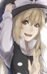  blonde_hair bow braid brown_eyes commentary_request female hairbow hat highres kirisame_marisa long_hair long_sleeves open_mouth ribbon shirt smile solo terimayo touhou upper_body vest witch_hat yellow_eyes 