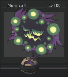  ambiguous_gender digital_media_(artwork) gender_symbol generation_4_pokemon ghost green_eyes green_mouth grey_background looking_at_viewer male_symbol nintendo not_furry odd_keystone pokemon pokemon_(species) purple_body rock sash simple_background solo spiral_eyes spirit spiritomb symbol text zaikudo 