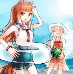  2girls animal_ears blue_sailor_collar blue_sky bodysuit braid brown_eyes brown_hair closed_eyes collarbone commentary_request day diving_suit dress floating_hair food fruit halterneck hat holding holo innertube long_hair looking_at_viewer mayumura_basako mother_and_daughter multiple_girls myuri_(spice_and_wolf) open_mouth outdoors pink_dress ponytail sailor_collar shinsetsu_spice_and_wolf shirt short_dress short_shorts shorts sky sleeveless sleeveless_dress sleeveless_shirt spice_and_wolf summer sun_hat swim_ring tail very_long_hair watermelon wetsuit white_hair white_hat white_shirt wolf_ears wolf_girl wolf_tail 