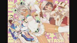  &gt;_&lt; 3girls blade_(galaxist) blazblue blazblue:_chronophantasma blue_eyes blush bullet_(blazblue) closed_eyes cosplay kaka_kittens long_hair makoto_nanaya mecha_musume mu-12 multiple_girls official_art panties pillarboxed platinum_the_trinity platinum_the_trinity_(cosplay) taokaka taokaka_(cosplay) tears underwear 